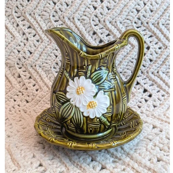Vintage Japan Olive Green Bamboo Ceramic Creamer Saucer Set Daisy Dragonfly