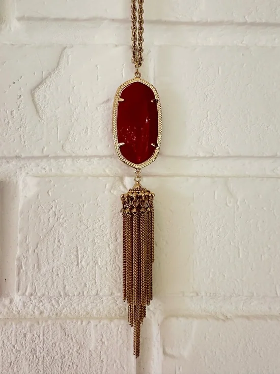 Kendra Scott Rayne Tassel Bright Red Pendant Gold Tone Long Necklace