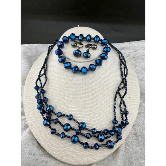 Vintage Glass Beaded Necklace Bracelet Earrings‎ Set Blue Faceted 21