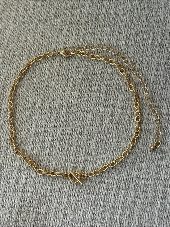 Vintage gold tone adjustable chain choker necklace w center crossed heart