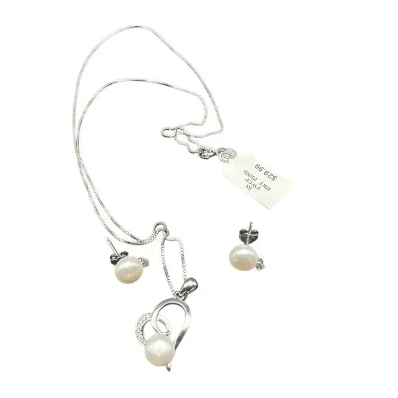 HELZBERG CHAIN HEART PENDANT Cz DIAMONDS & FRESHWATER CULTURED PEARL 925 STERLIN