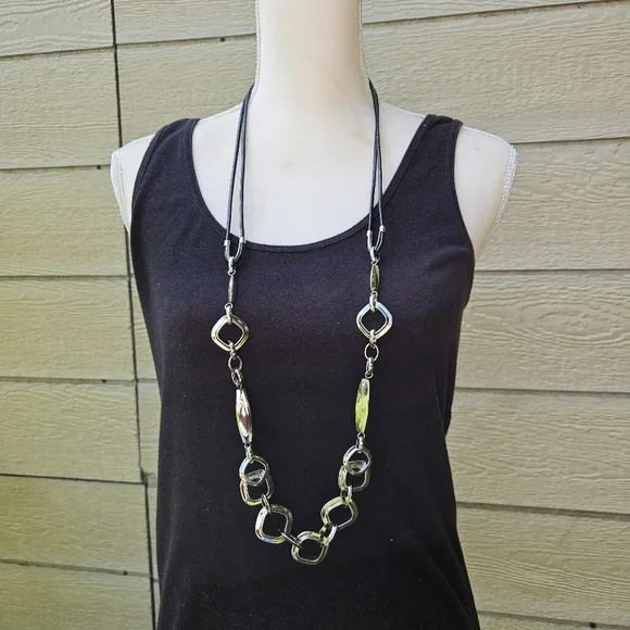 Chico's long heavy black cord and silver tone link necklace