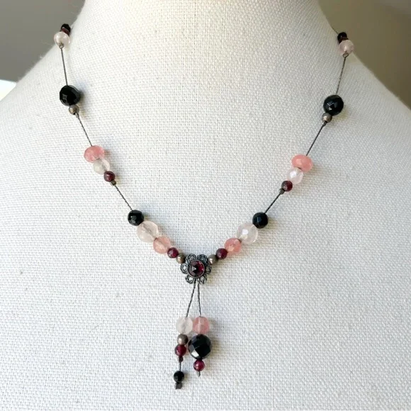 Vintage Sterling Silver 925 Y Necklace Garnet Rose Quartz Victorian Revival