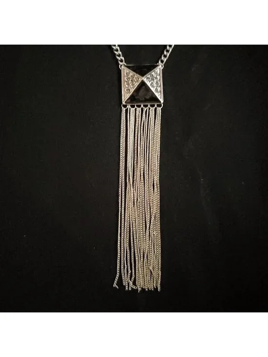 Waterfall Necklace Fringe Rhinestone Gold Tone Black Geometric 20