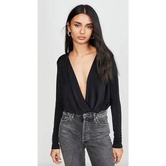 Free People Womens Long Sleeve Knot Front‎ Surplice Bodysuit Black Size Large