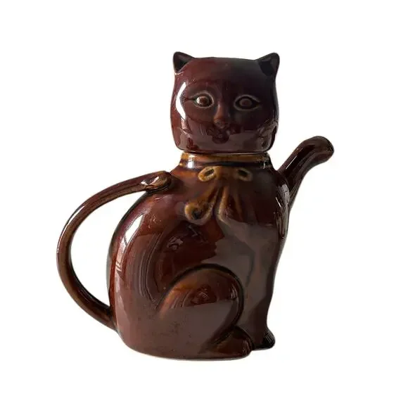 Vintage‎ Chinese Porcelain Havana Brown Cat Teapot with Paw Spout