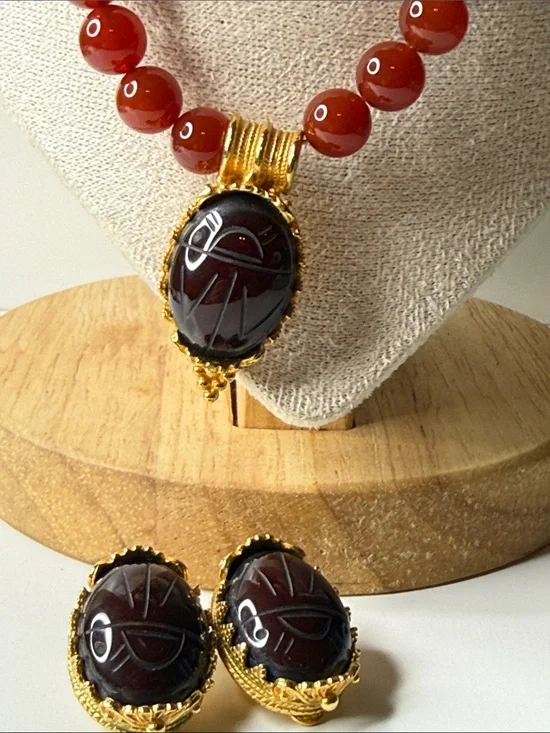 Vintage MMA Carnelian Bead Necklace earring Gold plated Scarab Egyptian revival