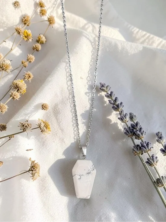 WHITE HOWLITE natural stone coffin pendant necklace on silver chain NEW
