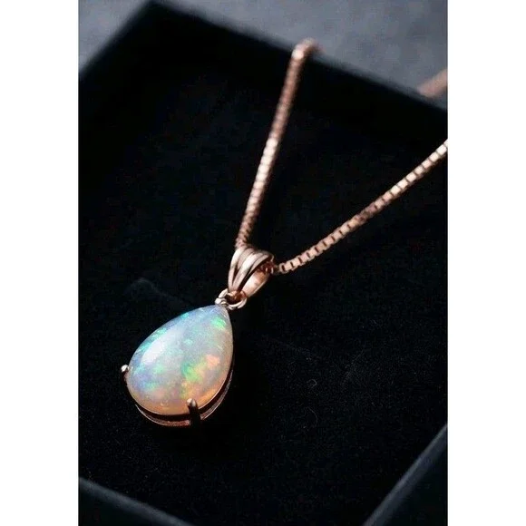 New Rose Gold-Tone Pear Shaped Opal Pendant Necklace 1.2cm Fire Opal