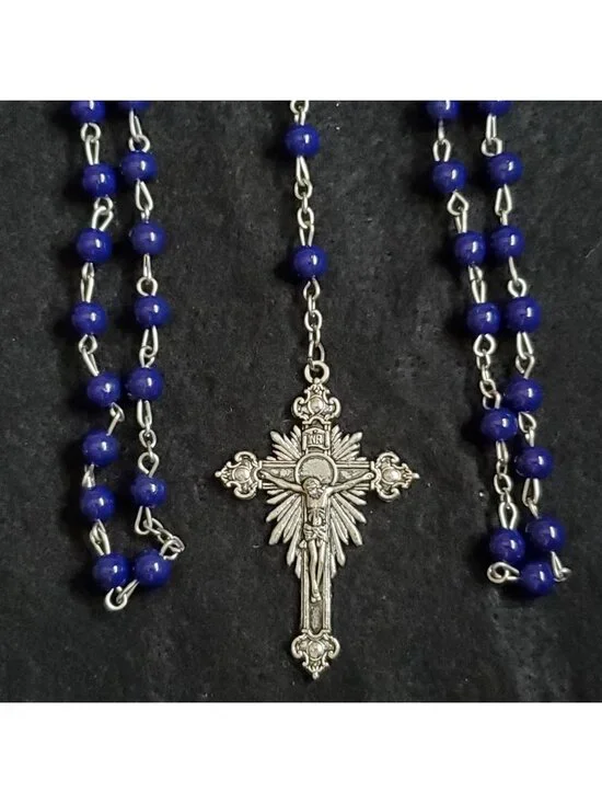 Fatima Rosary Necklace Silver Tone Blue Glass Italy 1917 2017 28