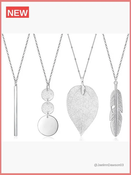 4-Piece Long Pendant Necklace Set with Bar Feather Circle Leaf Charms for Women