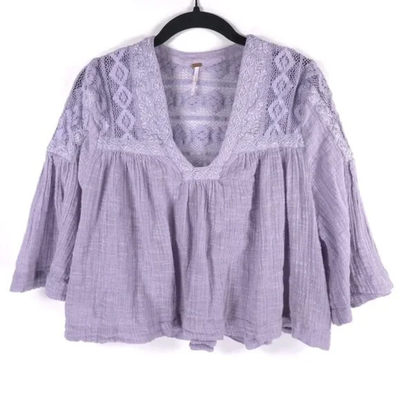Free People Lavender Lace Gauze 100% Cotton Crop Top 0B476865 Size‎ SMALL/P