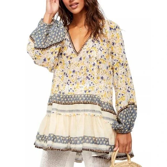 Free People Gardenia Tunic Blouse Top Womens Small Cream Floral Peasant Boho‎
