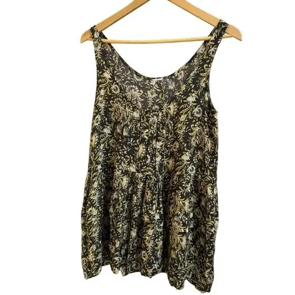 Free People (M/L) Golden Floral Pleated Flowy Tank Top