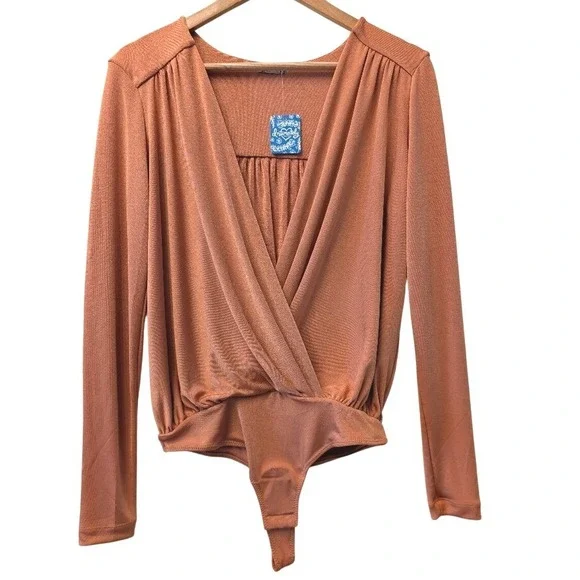 Free People Intimately Ginger Spice Deep V Long Sleeve Bodysuit OB1064738 NWT M‎