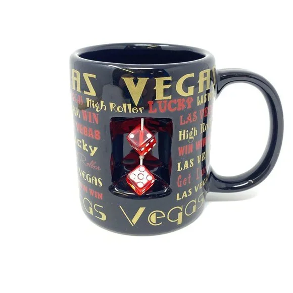 Las Vegas Black Coffee Mug Gold Red‎ Writing High Roller 2 Red Dice On Mug