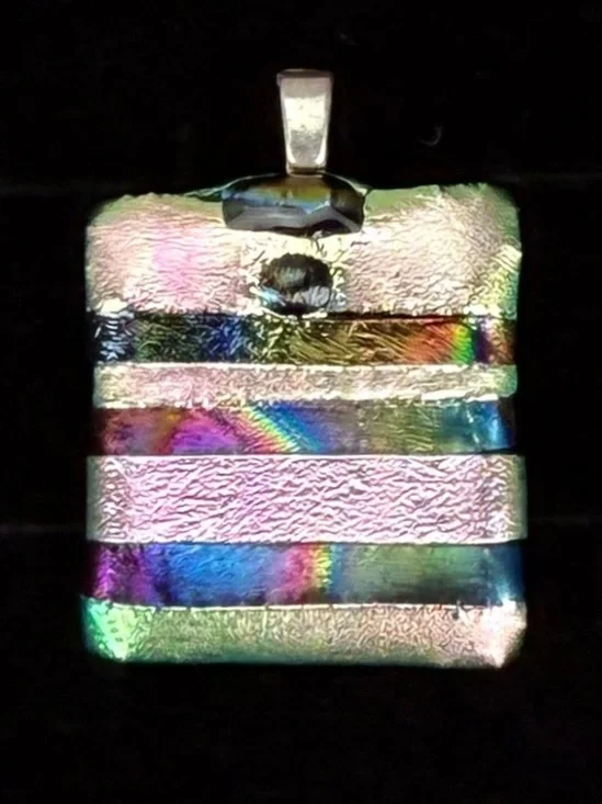 Vintage black multi colored reflective glass pendant + free 16” cord necklace