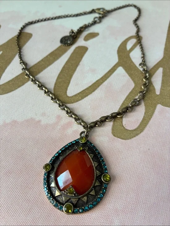 Jessica Simpson Orange Teardrop Pendant Necklace with Blue and Lime Accents