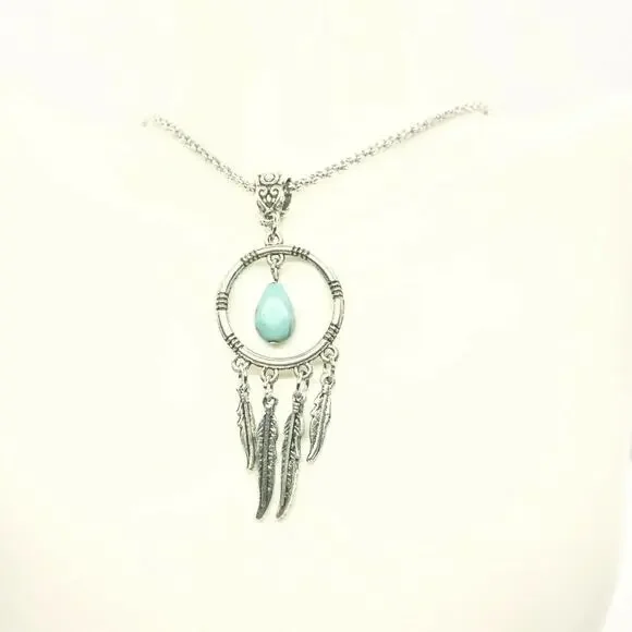 Silver Turquoise Dreamcatcher Feather Necklace