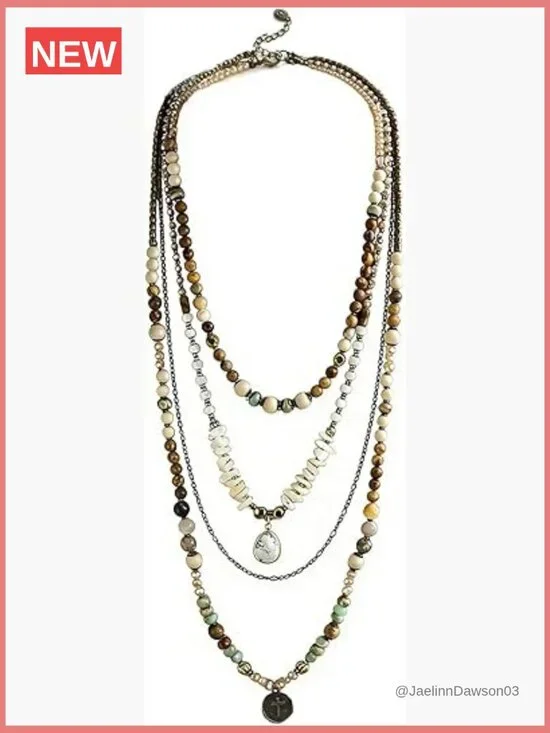 Boho Multi-Layer Beaded Pendant Necklace with Bee Elephant Charms