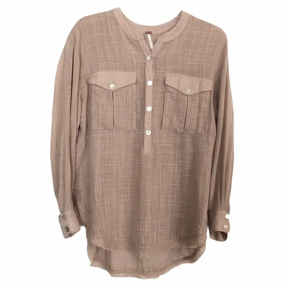 Free People Gingham Semi Sheer Long Sleeves Pullover Blouse Size XS