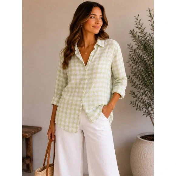 Free People Gingham Button Down Shirt Lime Green White Cotton OB1258436 Size M