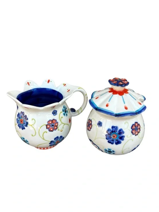 Anthropologie Hand Painted Colorful Floral Ceramic Creamer‎ and Sugar Set.