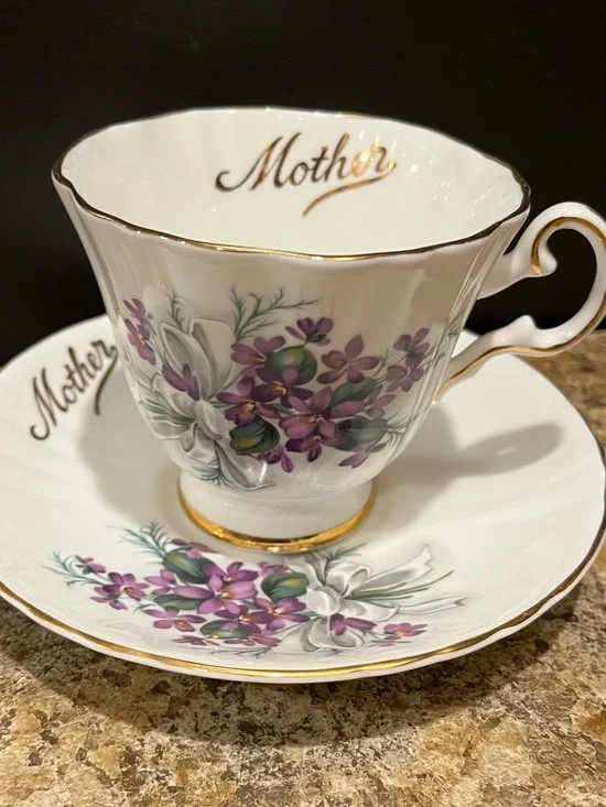 Royal Grafton “Mother” Floral Teacup & Saucer - Purple Violets with Gold Trim