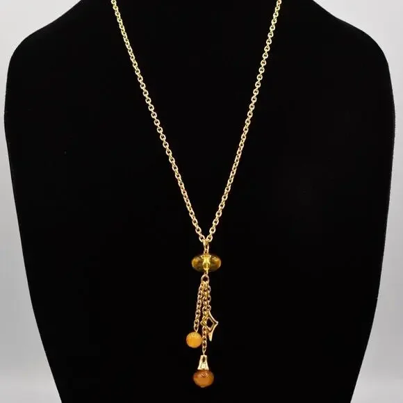 Givenchy 1980s Cabochon Charm Beaded Tassel Necklace Gold Signed Vintage BinR