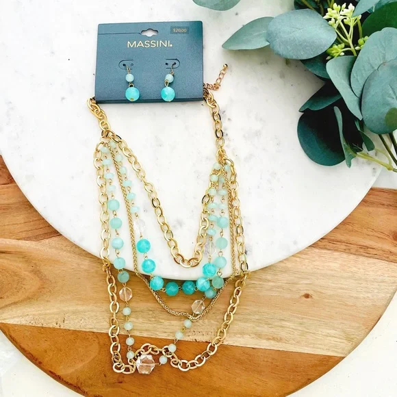 Massini Aqua Gold Beaded Necklace Earring Set