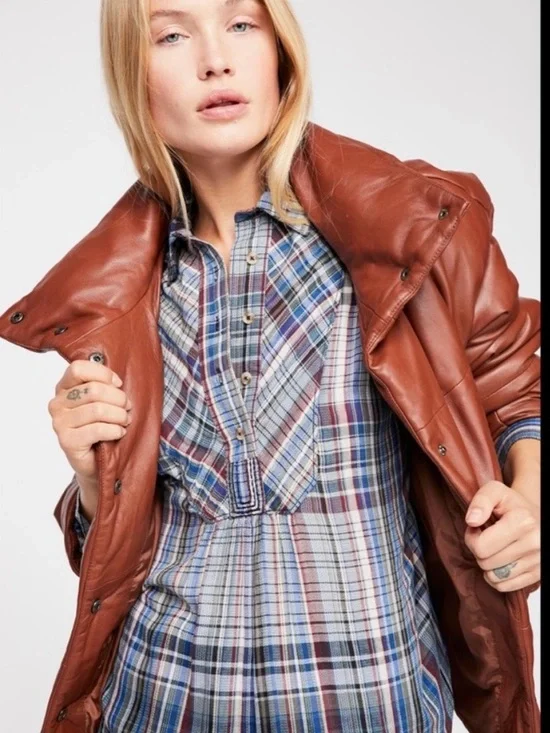 Free People Rain is Days Plaid Buttondown Shirt Size Large