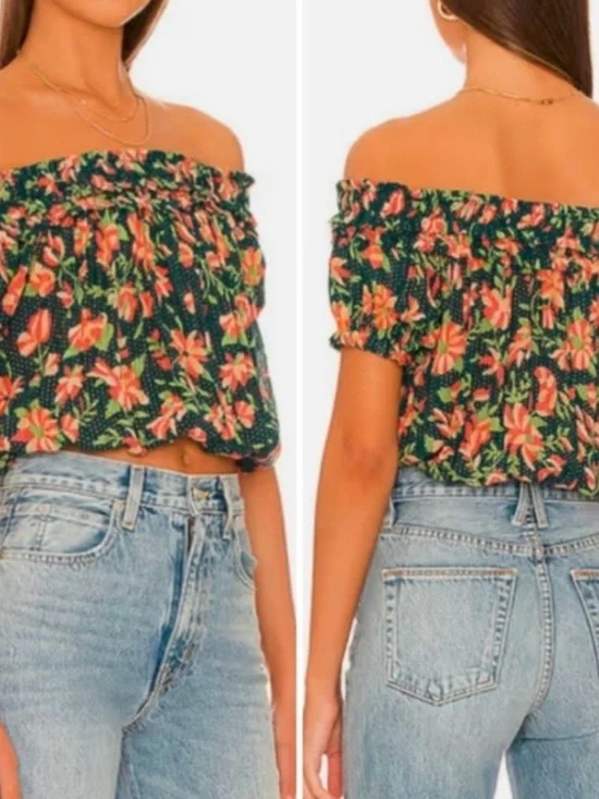 Free People Off-Shoulder Floral Smocked Crop Top - Medium