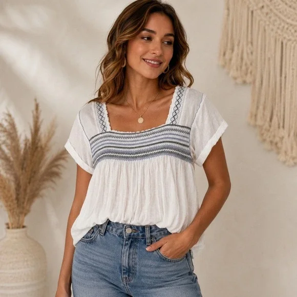 Free People Top Y2k Boho Medium Peasant Embroidered  Ruffle Prairie Crop