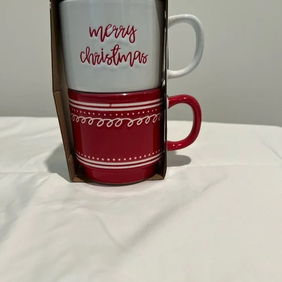 Set Of 2 Holiday Stacking‎ Mugs Red And White New