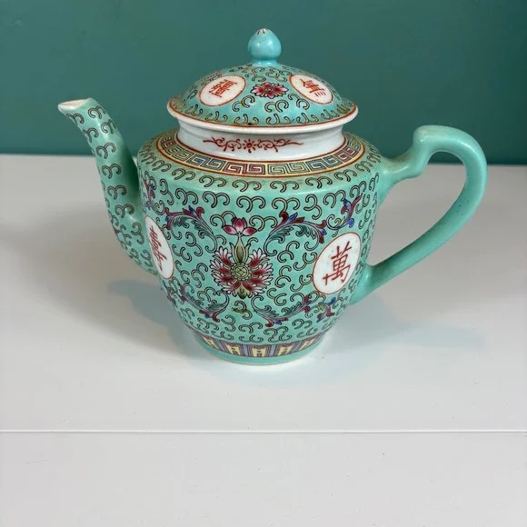 Jingdezhen Porcelain Teapot Turquoise‎ Floral Asian China Decor