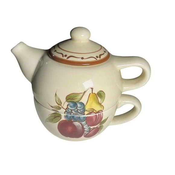 Around the Orchard Home Tea Set Teapot and Cup Fruit Design Cream Ceramic‎