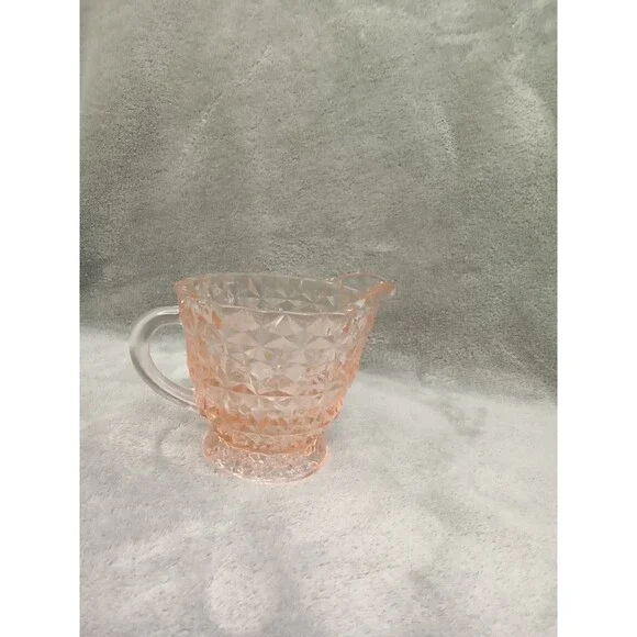 Vintage Pink Glass Creamer, Jeanette, Holiday Pink/Buttons and Bows,‎ 3.5” tall