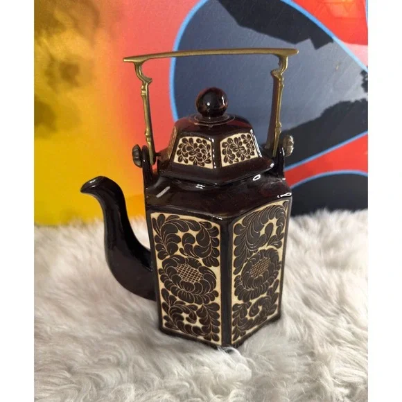 Vintage Thai Ceramic Hexagonal Teapot Brown Floral Relief Brass Handle Thailand‎