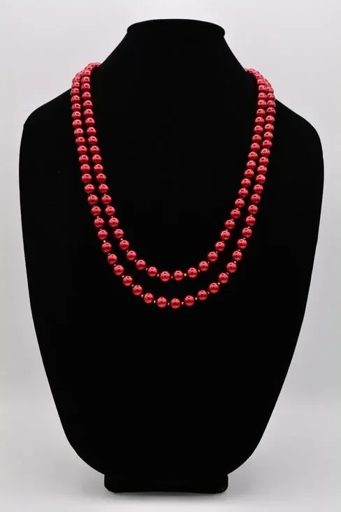Charter Club Vintage Pearl Necklace Cranberry Red Beaded Long Signed 1990s Bin3A