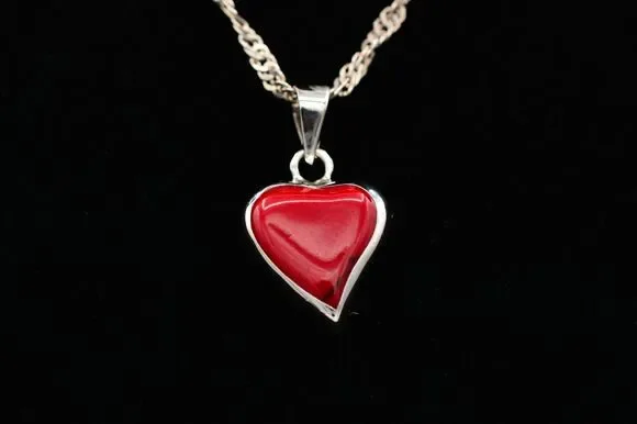 ATI 925 Mexico Heart Pendant Necklace Red Stone Sterling Silver Signed Bin8