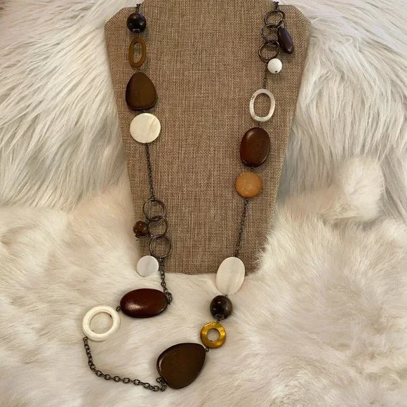 Western‎ Necklace Festival Wood Shell Mixed Media Mother of Pearl Boho Long 6184