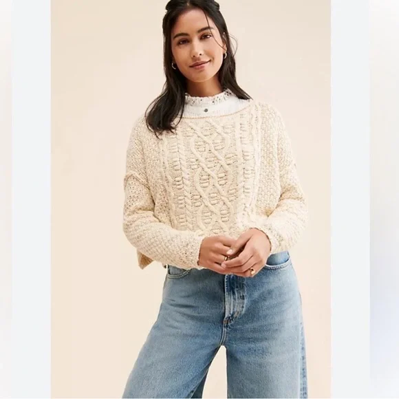 Free People Womens XS Sweater‎ Beige Cable Knit Oversized Chunky Crop