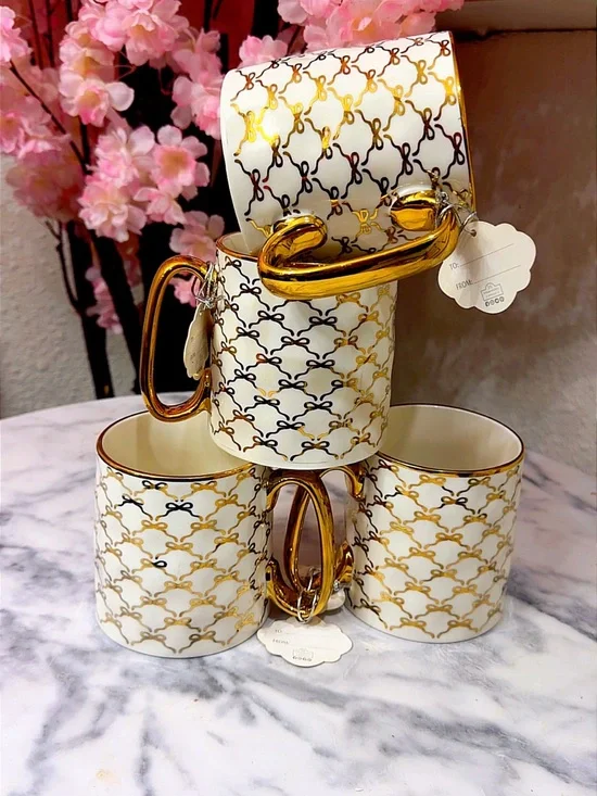 Elegant White and Gold Patterned Ceramic Mugs - Set of 4