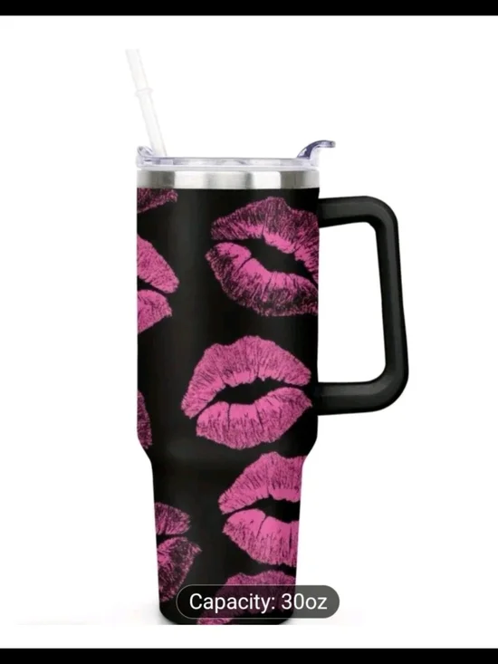Brand NEW 40 oz Black Stainless Steel Insulated Tumbler with Pink Kiss Print