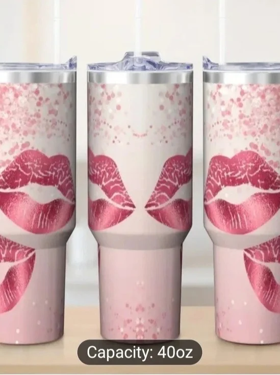Pink Lips Kiss Print 40oz Stainless Steel Insulated Tumbler W/Side Handle