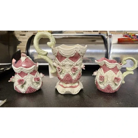 Vintage Capodimonte Style Porcelain Tea Set Teapot Creamer Sugar Roses