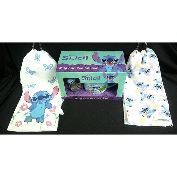 NEW! Disney Stitch Tea infuser set with 2 Stitch‎ Tea Towels COMBO Package