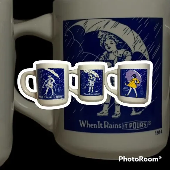set of 3 Morton Salt Advertising Slogan Coffee Cup Mug When It Rains I