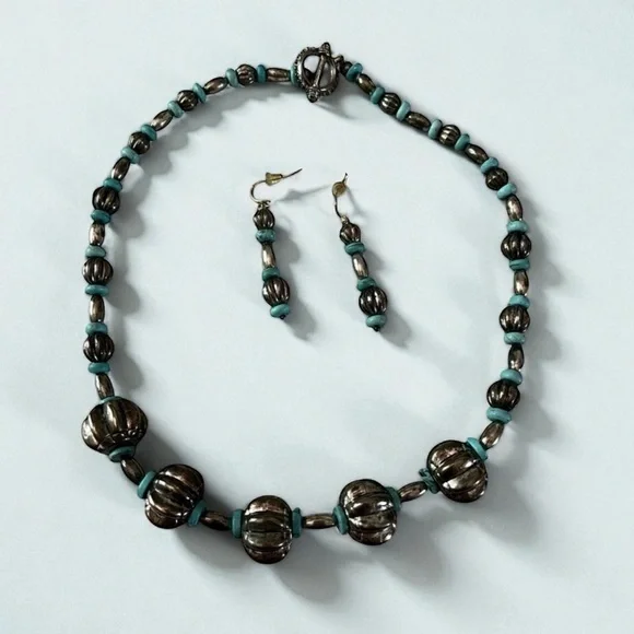 Silver and Turquoise Beaded Necklace and Earring Set vintage