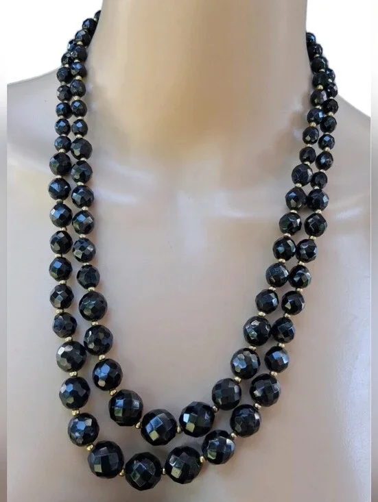Vintage Mid-Century Double Strand Black Faceted Glass Bead Necklace - MCM Glam